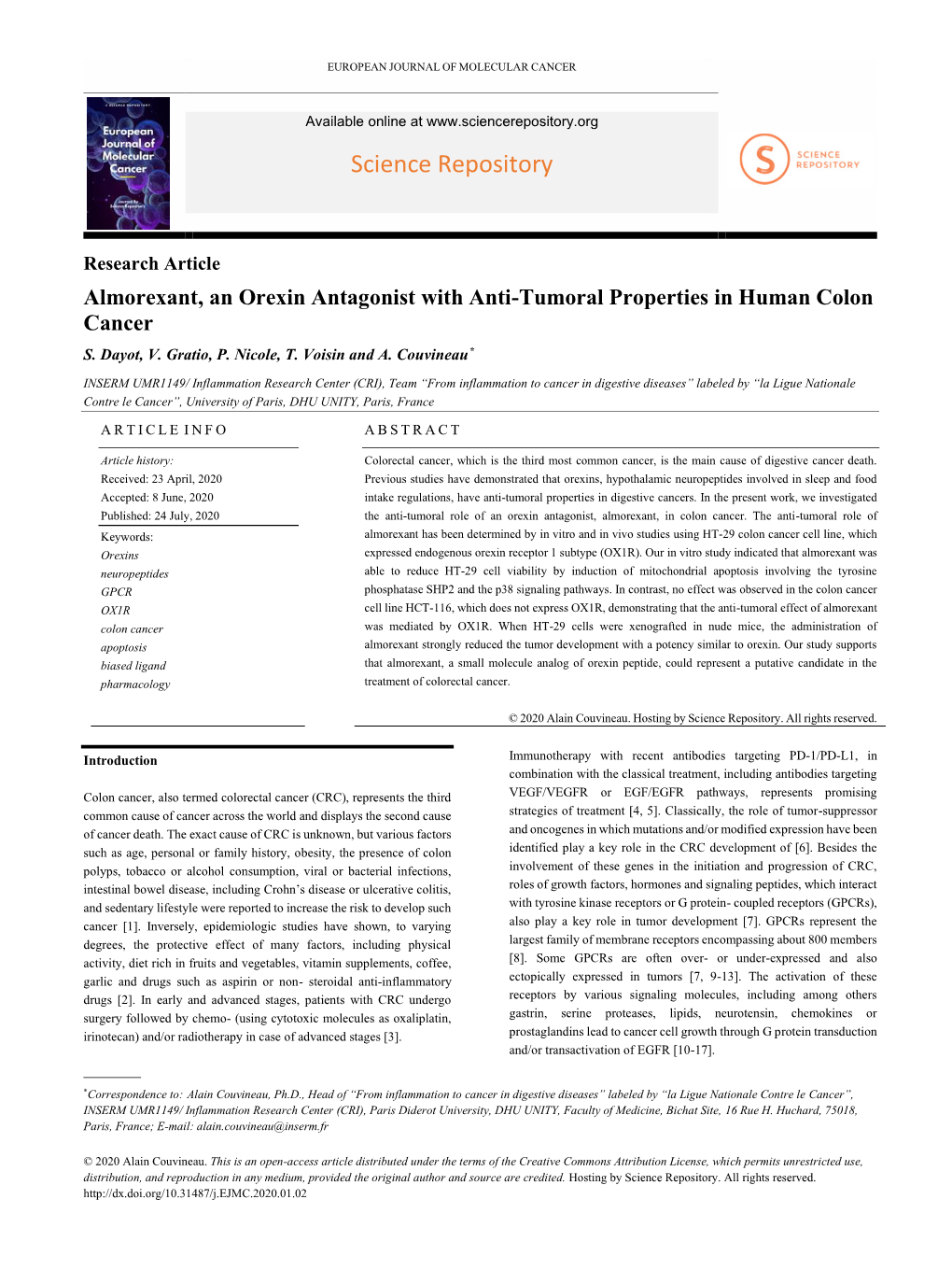 Almorexant, an Orexin Antagonist with Anti-Tumoral Properties in Human Colon Cancer S