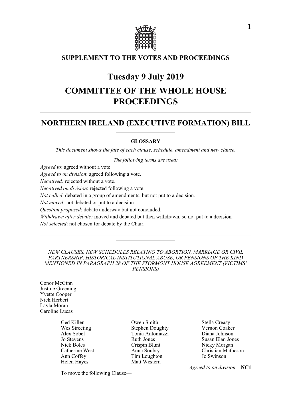 Tuesday 9 July 2019 COMMITTEE of the WHOLE HOUSE PROCEEDINGS