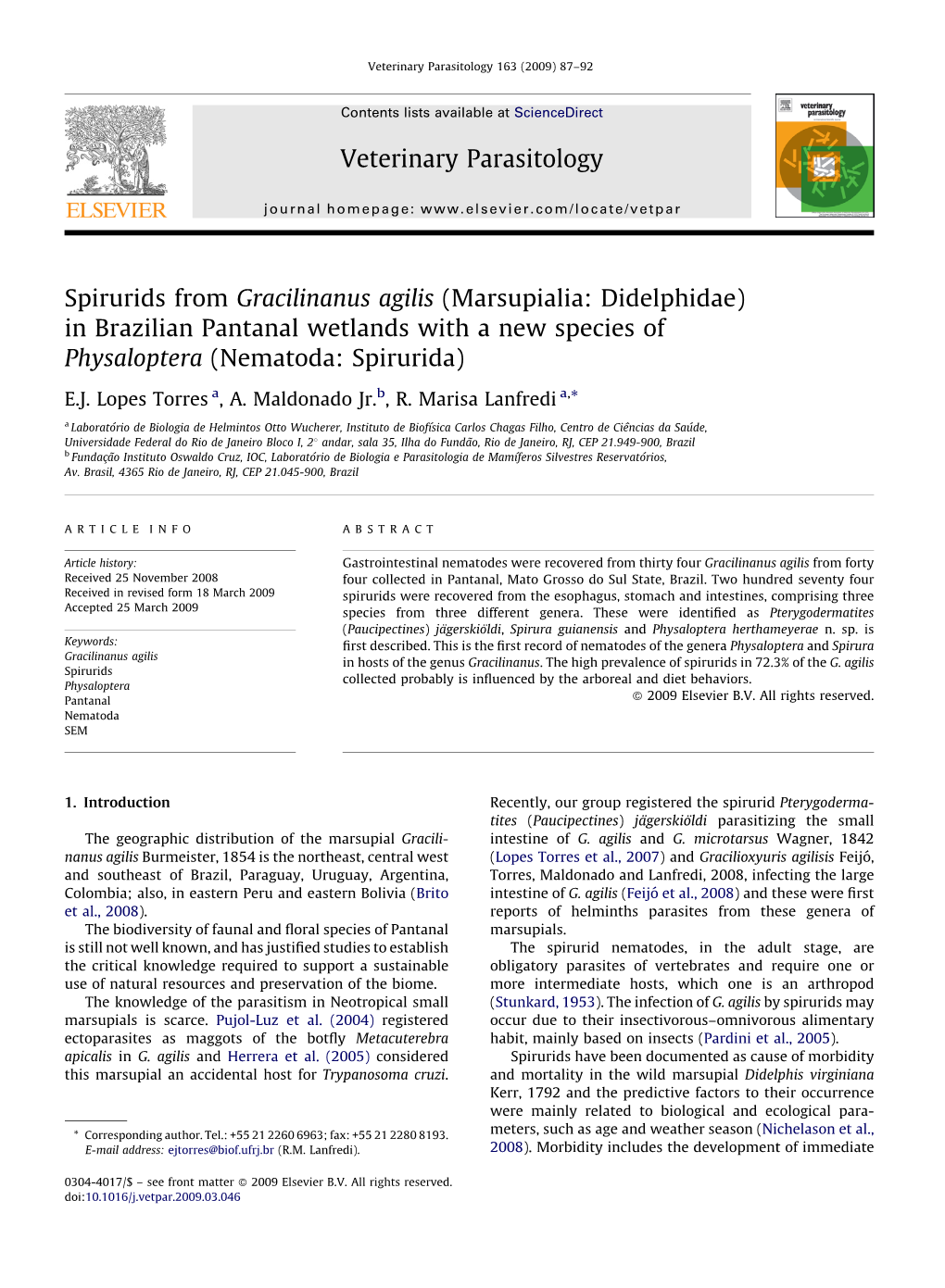 Spirurids from Gracilinanus Agilis (Marsupialia: Didelphidae) in Brazilian Pantanal Wetlands with a New Species of Physaloptera (Nematoda: Spirurida)