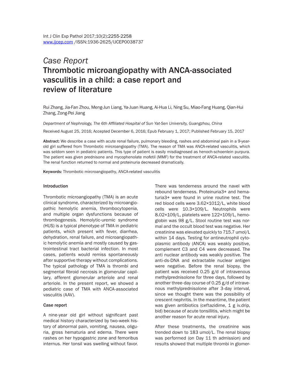 Case Report Thrombotic Microangiopathy with ANCA-Associated Vasculitis in a Child: a Case Report and Review of Literature