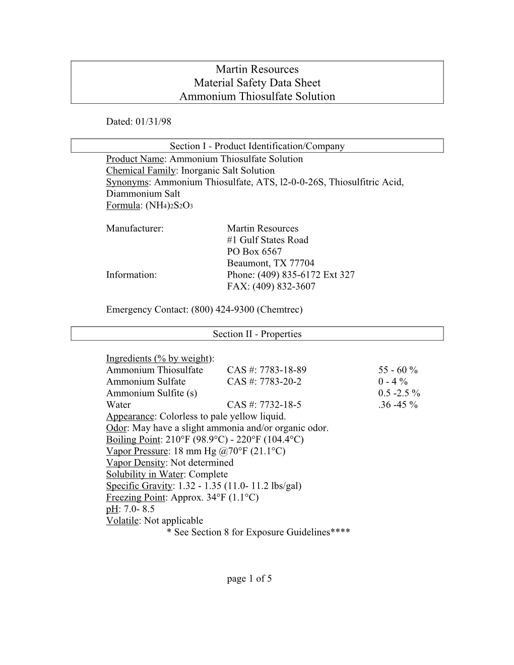 Martin Resources Material Safety Data Sheet Ammonium Thiosulfate Solution