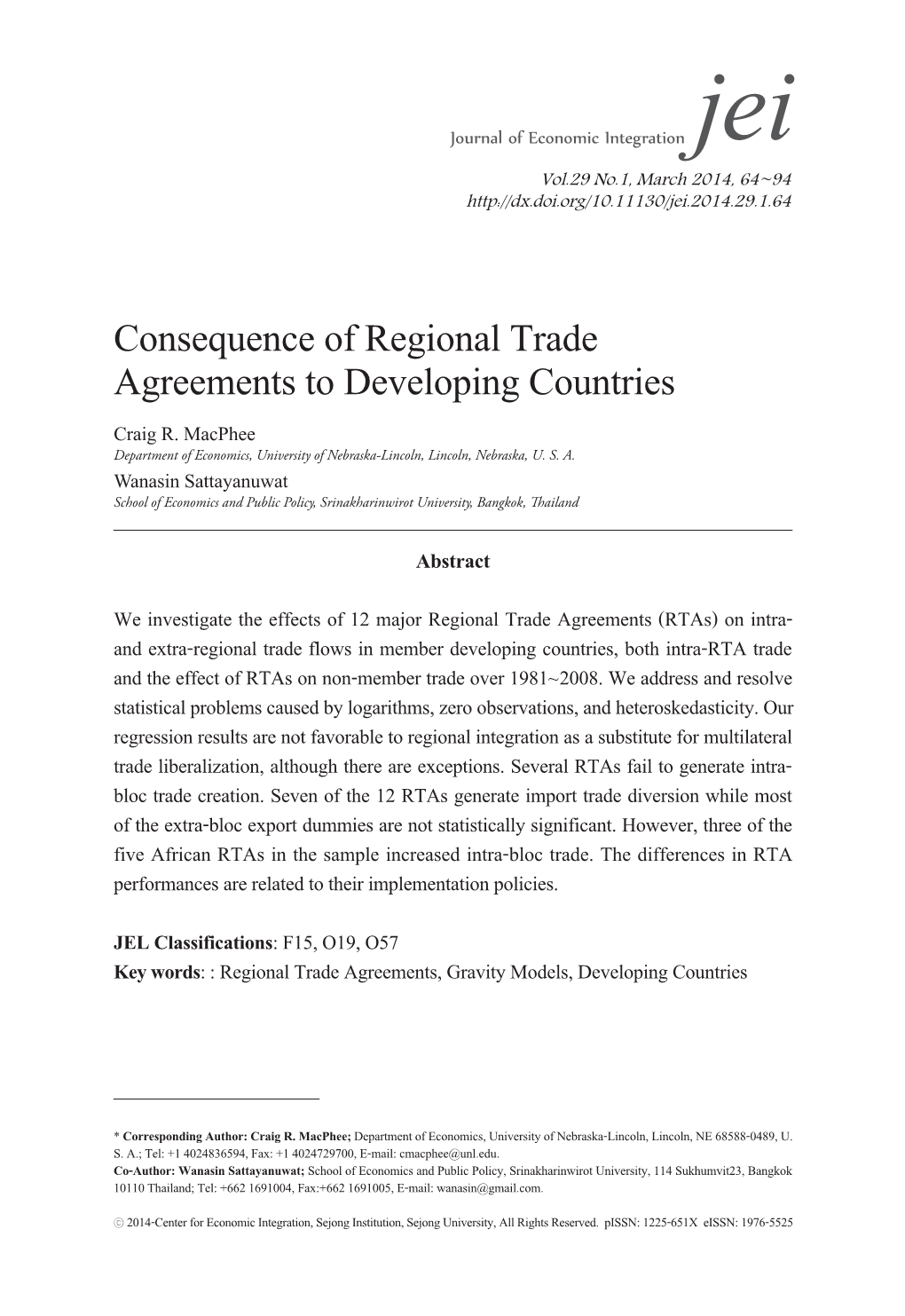 Consequence of Regional Trade Agreements to Developing Countries Craig R