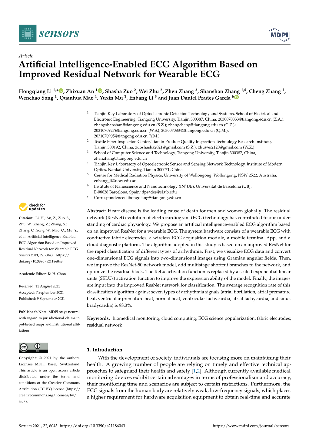 Artificial Intelligence-Enabled ECG Algorithm Based on Improved Residual Network for Wearable