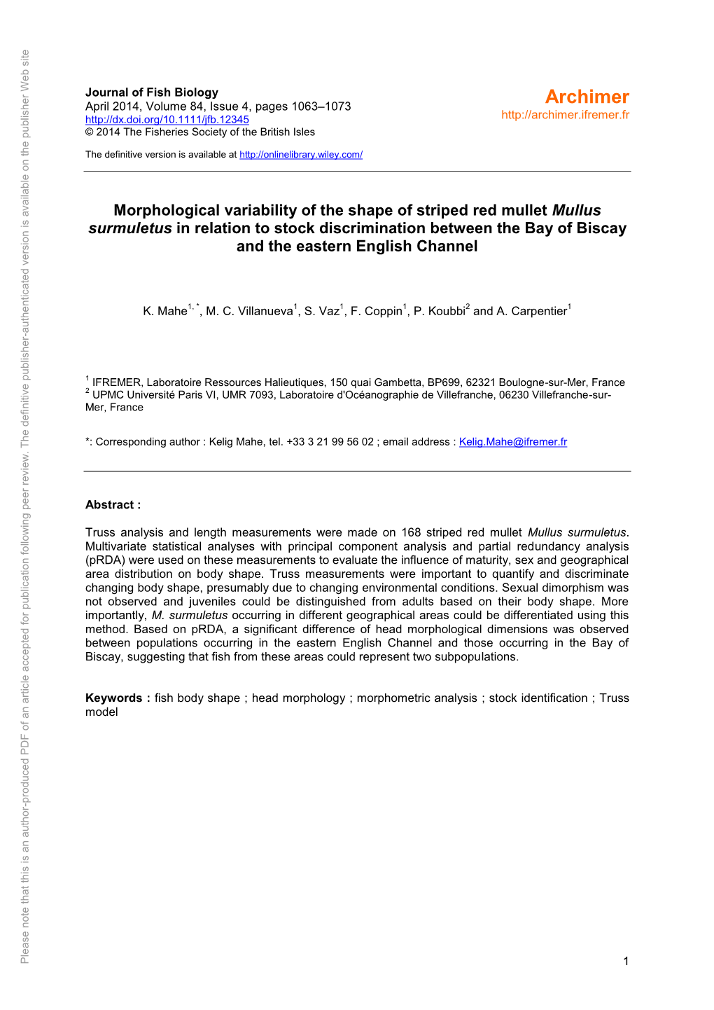 Morphological Variability of the Shape of Striped Red Mullet Mullus