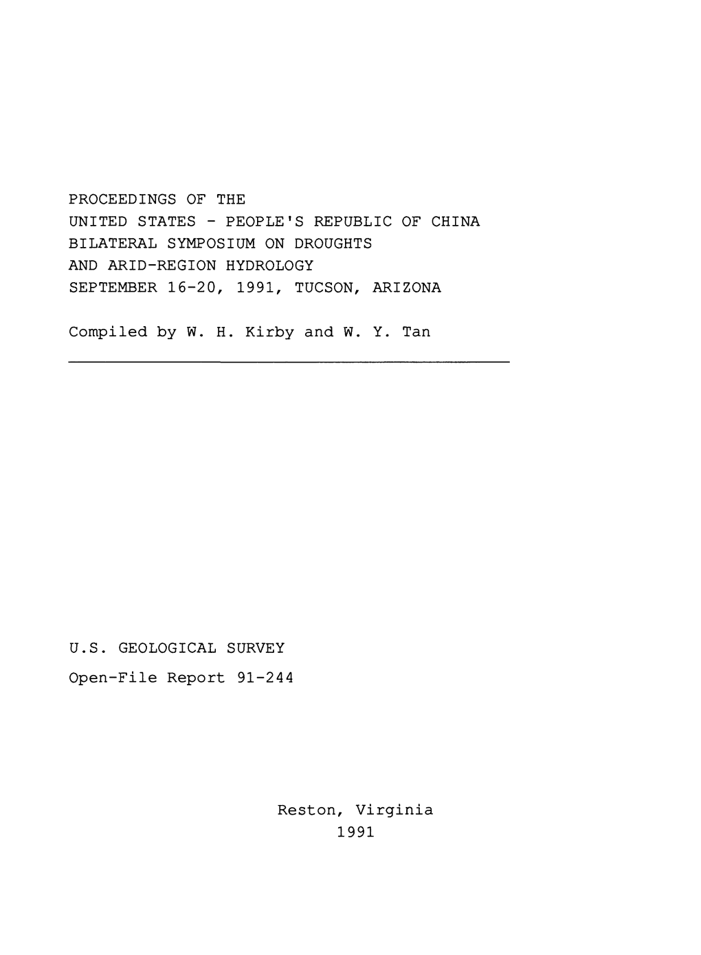 Compiled by W. H. Kirby and W. Y. Tan Reston, Virginia 1991