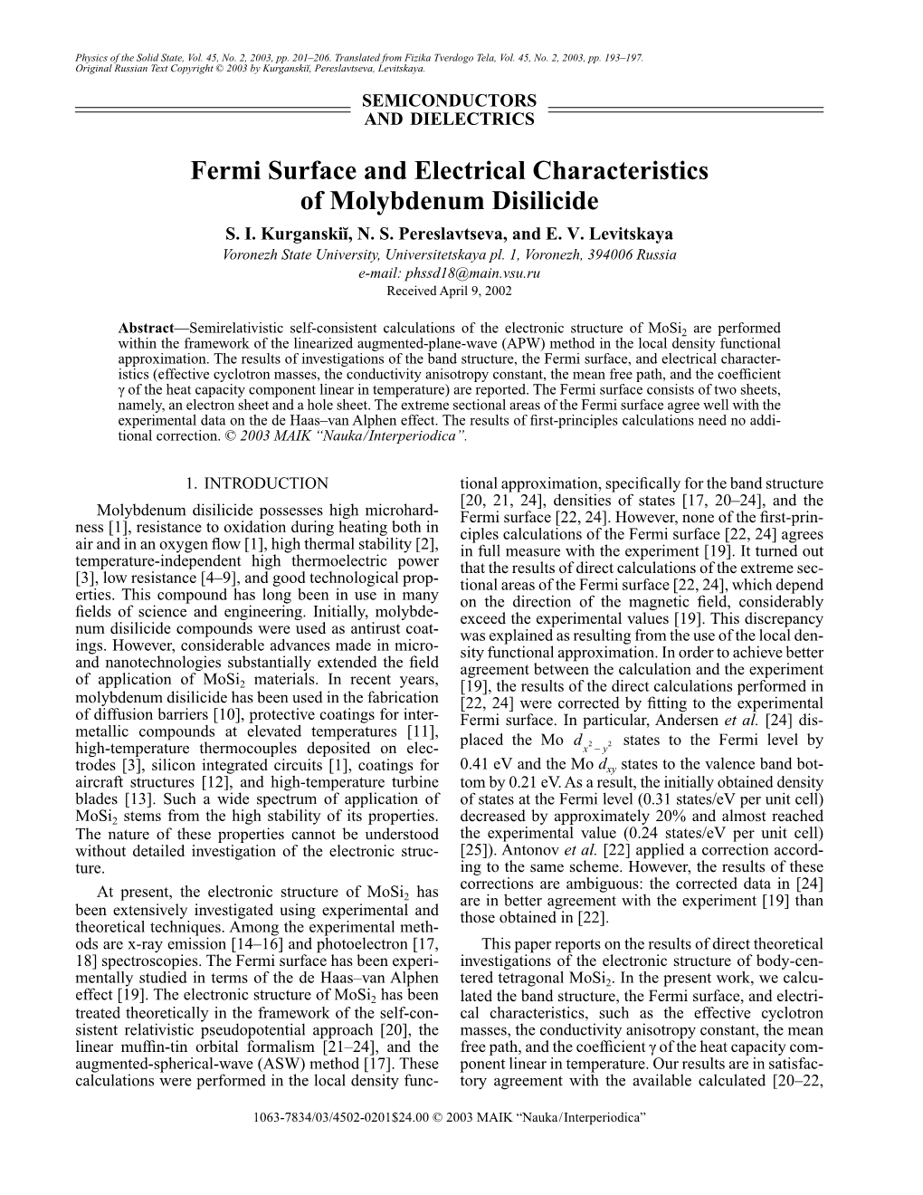 Fermi Surface and Electrical Characteristics of Molybdenum Disilicide S