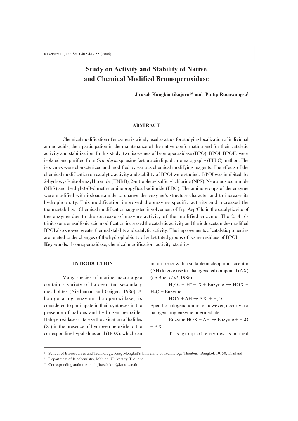 Study on Activity and Stability of Native and Chemical Modified Bromoperoxidase