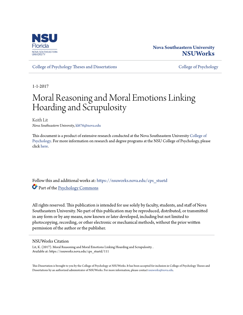 Moral Reasoning and Moral Emotions Linking Hoarding and Scrupulosity Keith Lit Nova Southeastern University, Kl676@Nova.Edu