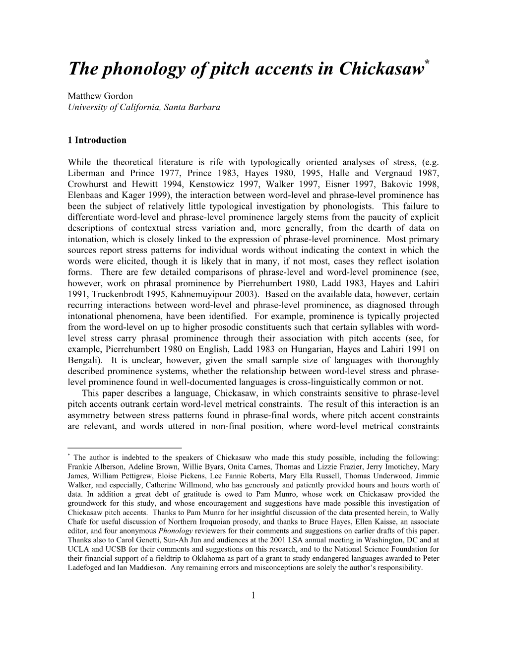 The Phonology of Pitch Accents in Chickasaw*