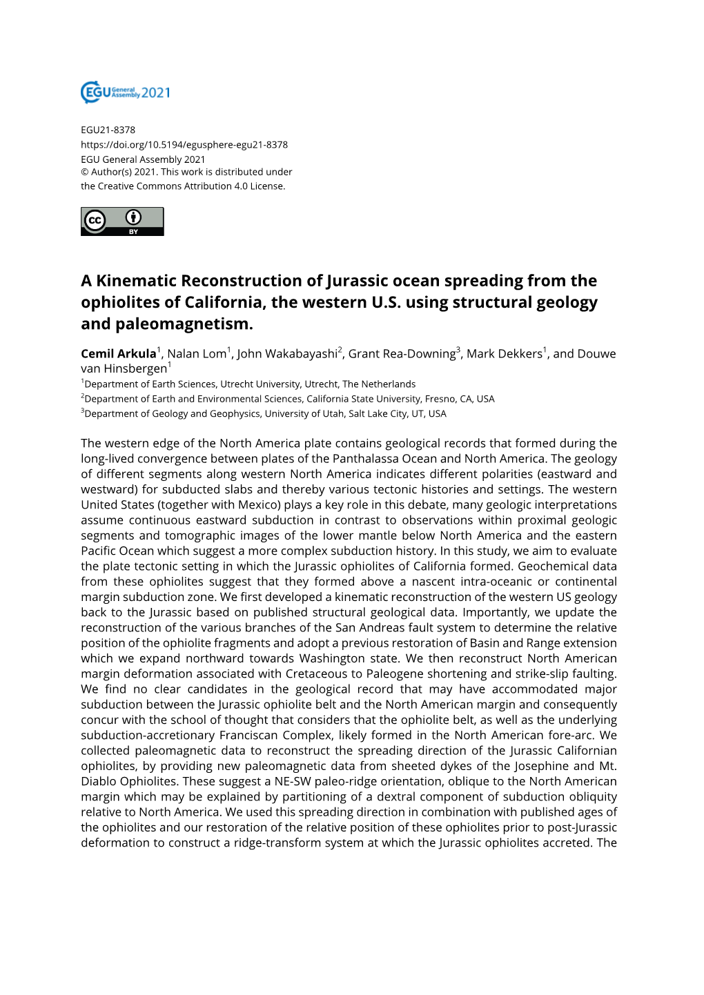 A Kinematic Reconstruction of Jurassic Ocean Spreading from the Ophiolites of California, the Western U.S