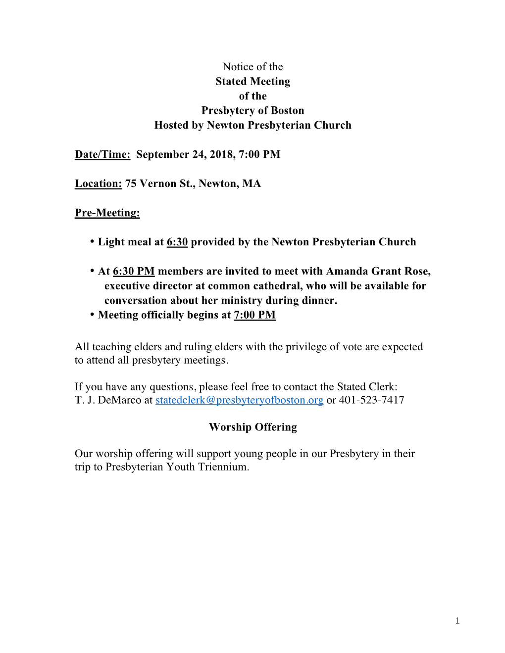 Notice of the Stated Meeting of the Presbytery of Boston Hosted by Newton Presbyterian Church