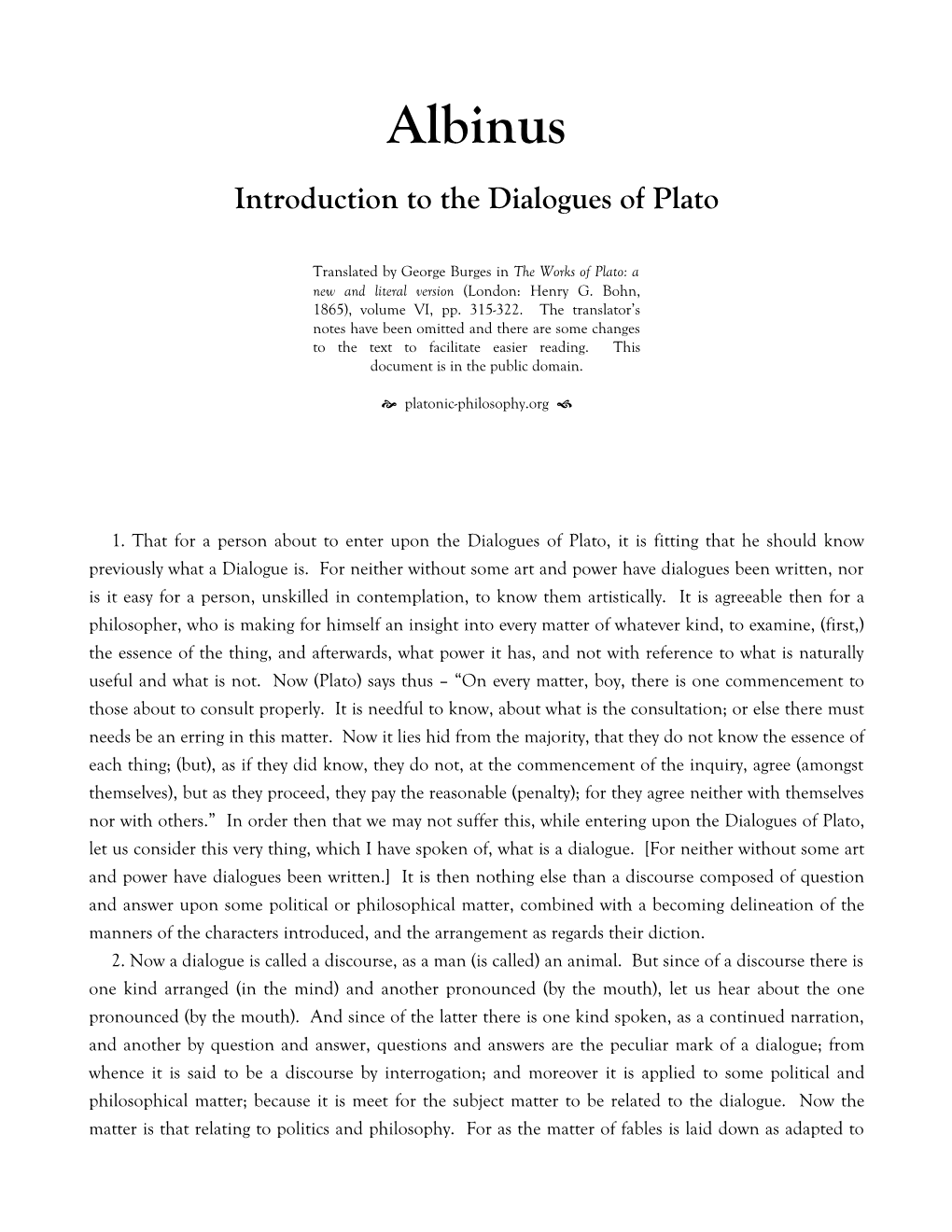 Albinus Introduction to the Dialogues of Plato