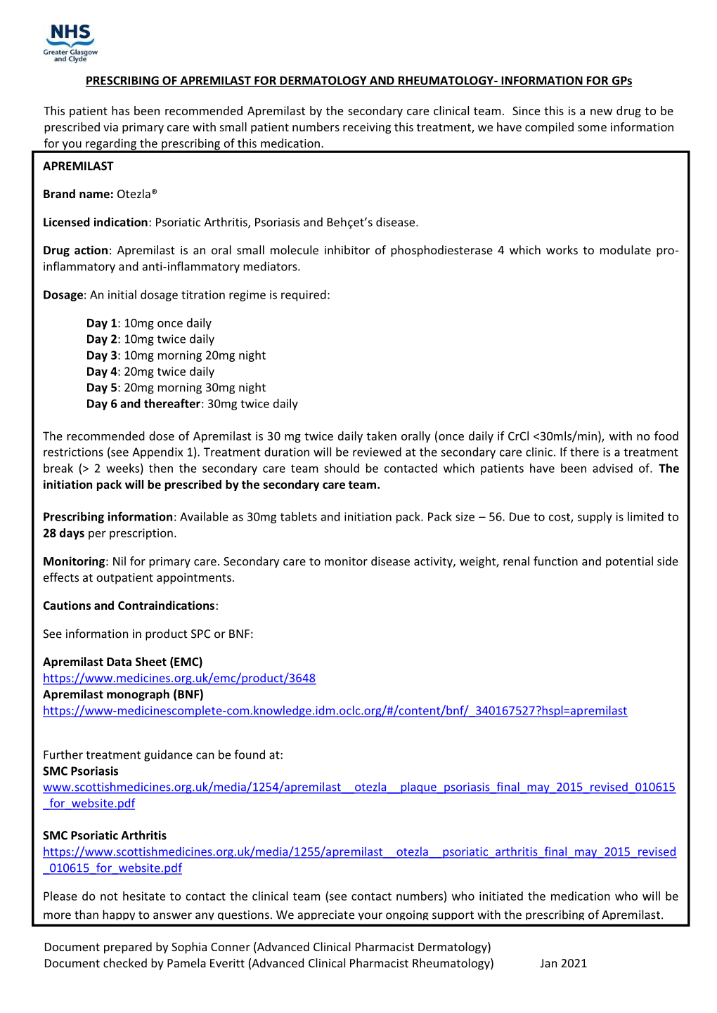 Advanced Clinical Pharmacist Dermatology) Document Checked by Pamela Everitt (Advanced Clinical Pharmacist Rheumatology) Jan 2021