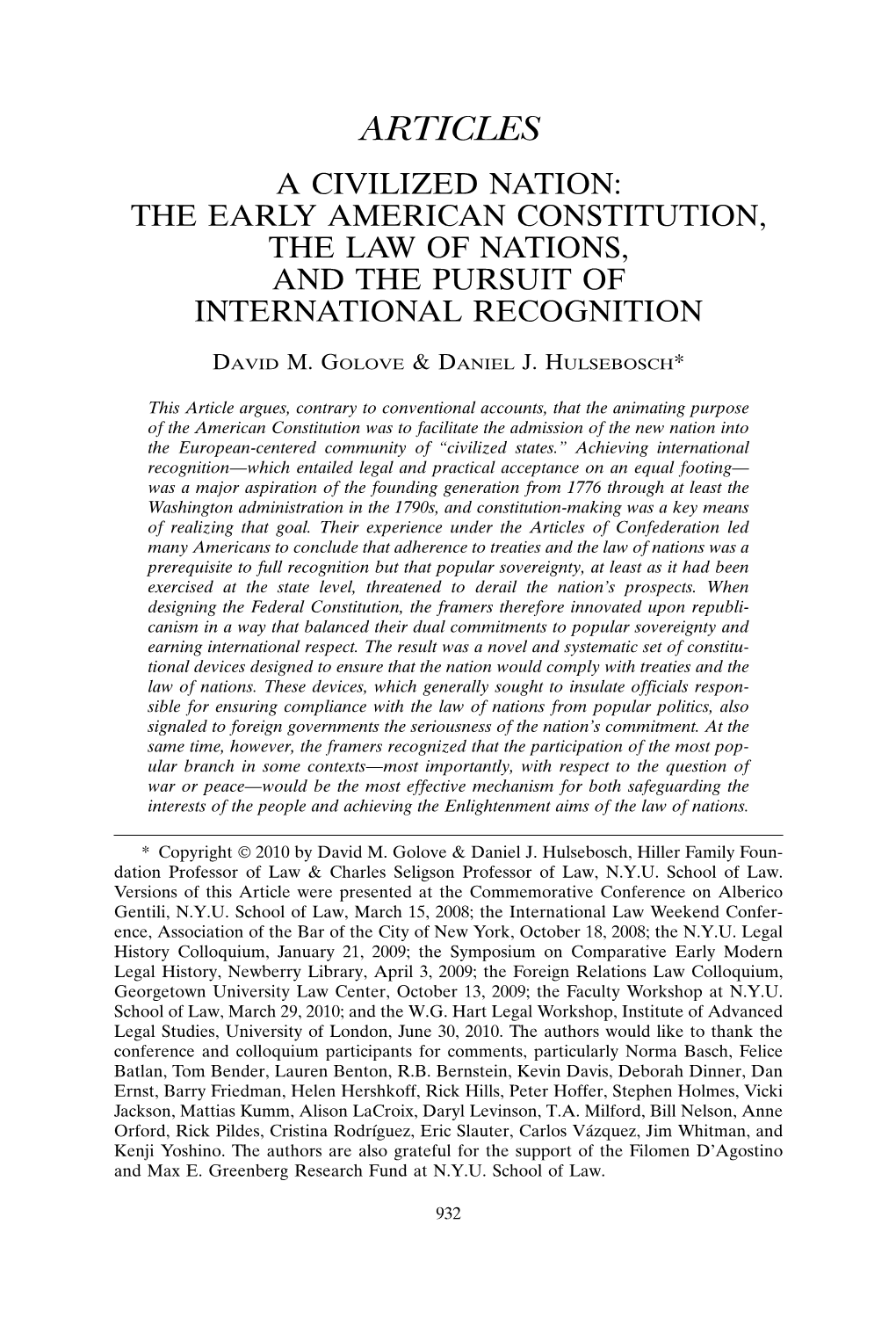 Articles a Civilized Nation: the Early American Constitution, the Law of Nations, and the Pursuit of International Recognition