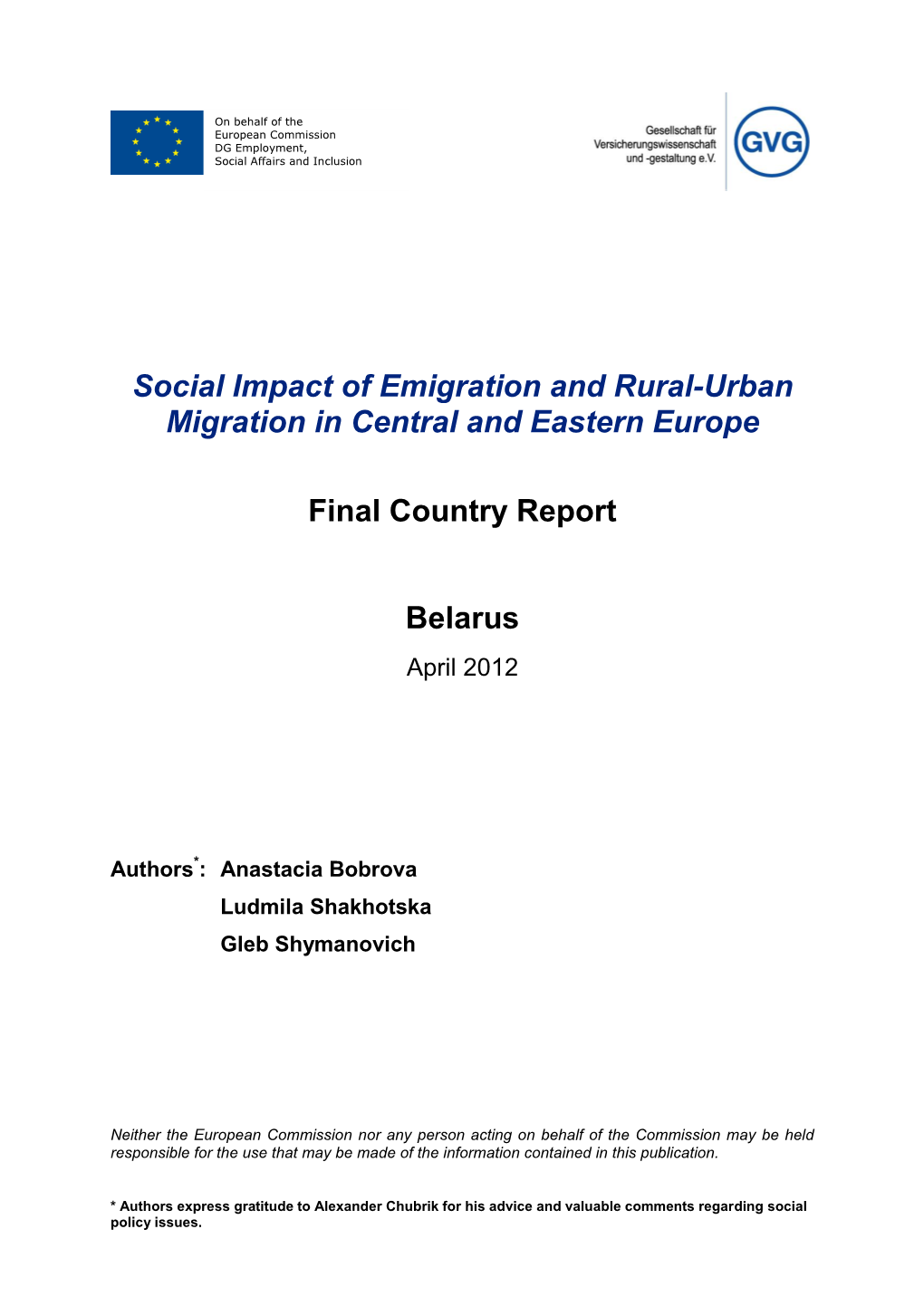 Belarus Country Report: Social Impact of Emigration and Rural-Urban