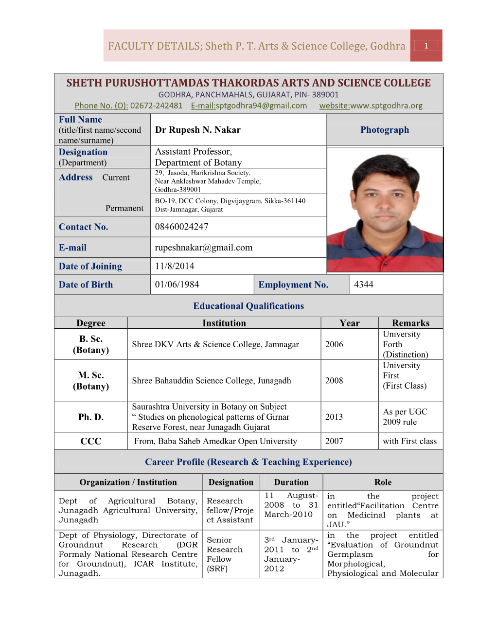 FACULTY DETAILS; Sheth P. T. Arts & Science College, Godhra