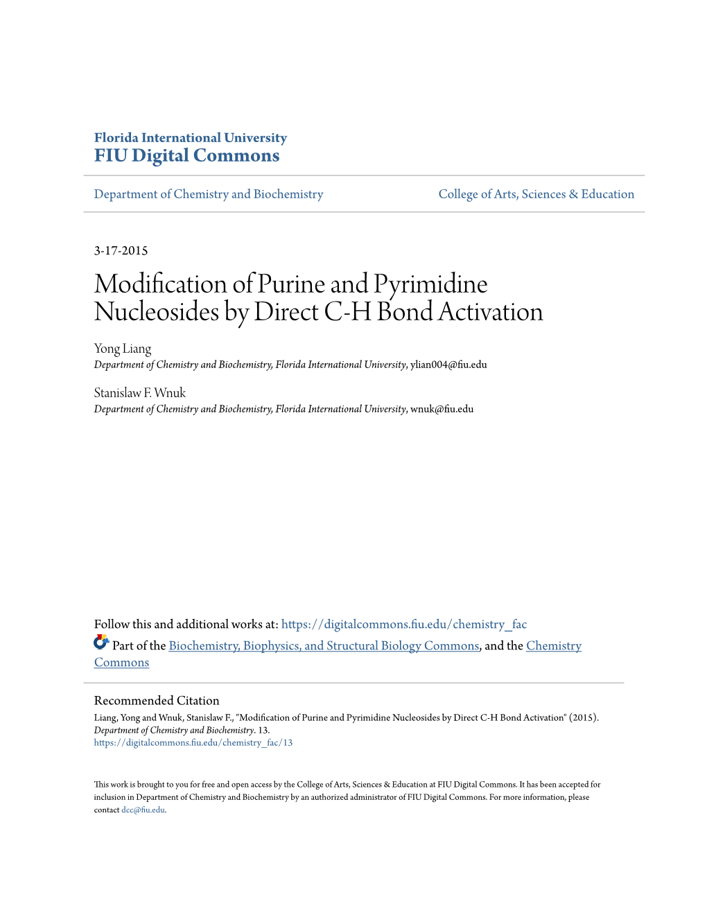 Modification of Purine and Pyrimidine Nucleosides by Direct C-H Bond Activation