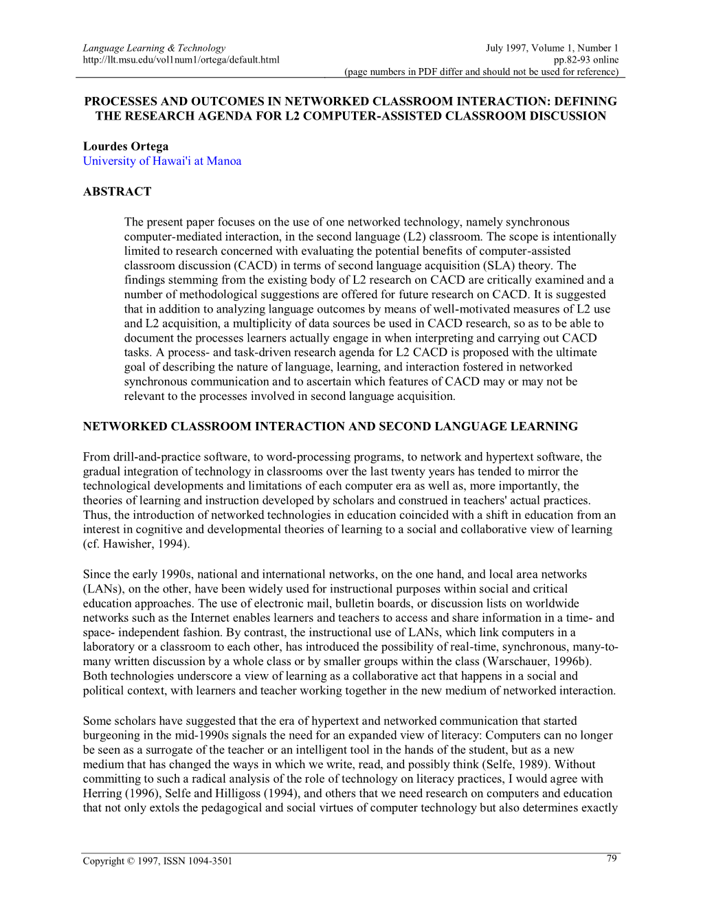 Processes and Outcomes in Networked Classroom Interaction: Defining the Research Agenda for L2 Computer-Assisted Classroom Discussion