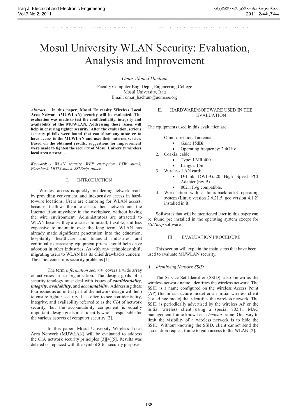 Mosul University WLAN Security: Evaluation, Analysis and Improvement