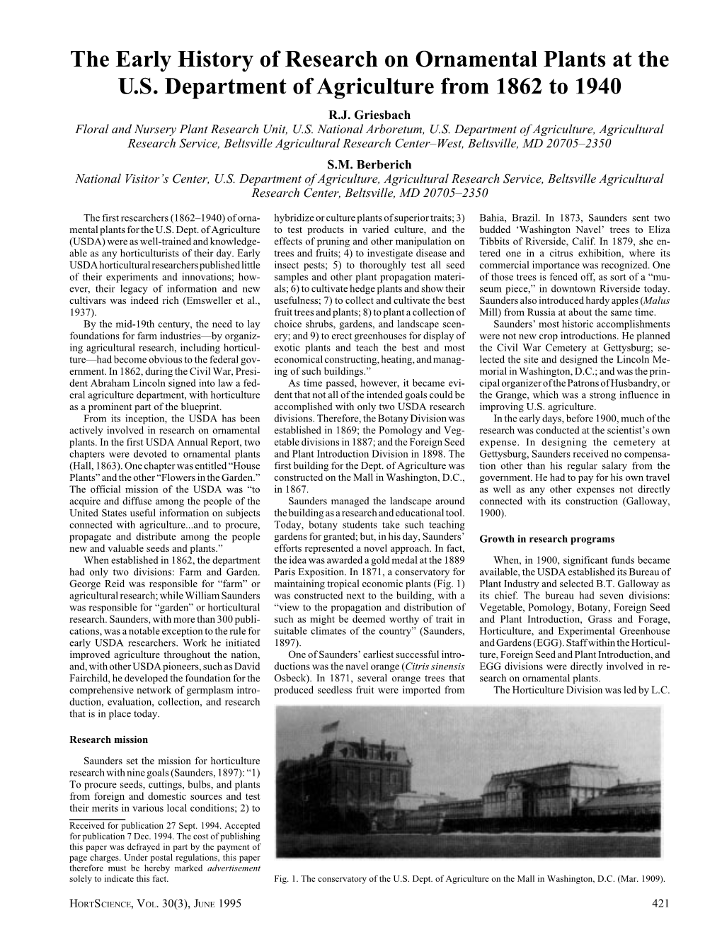 The Early History of Research on Ornamental Plants at the U.S. Department of Agriculture from 1862 to 1940 R.J