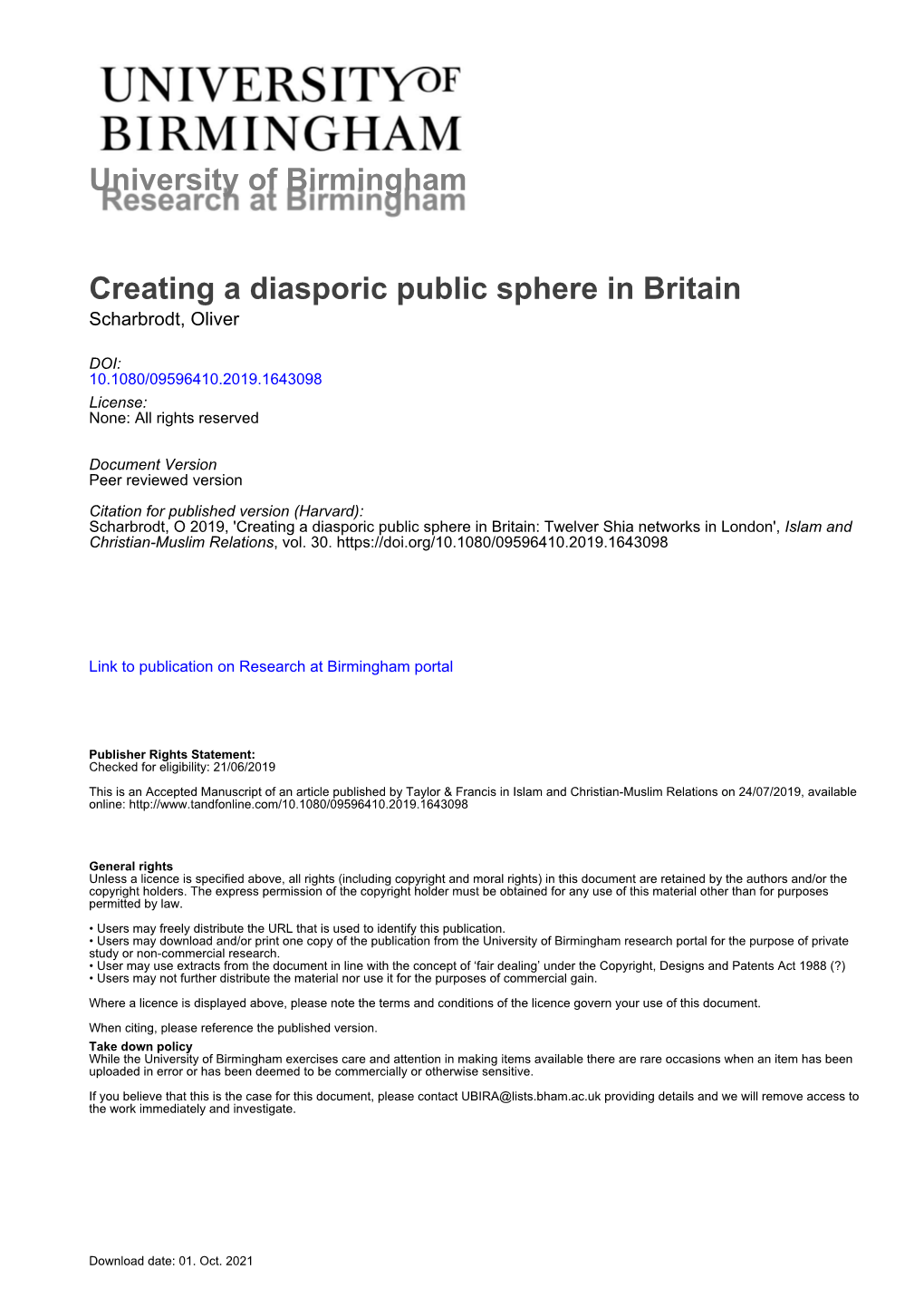 University of Birmingham Creating a Diasporic Public Sphere in Britain