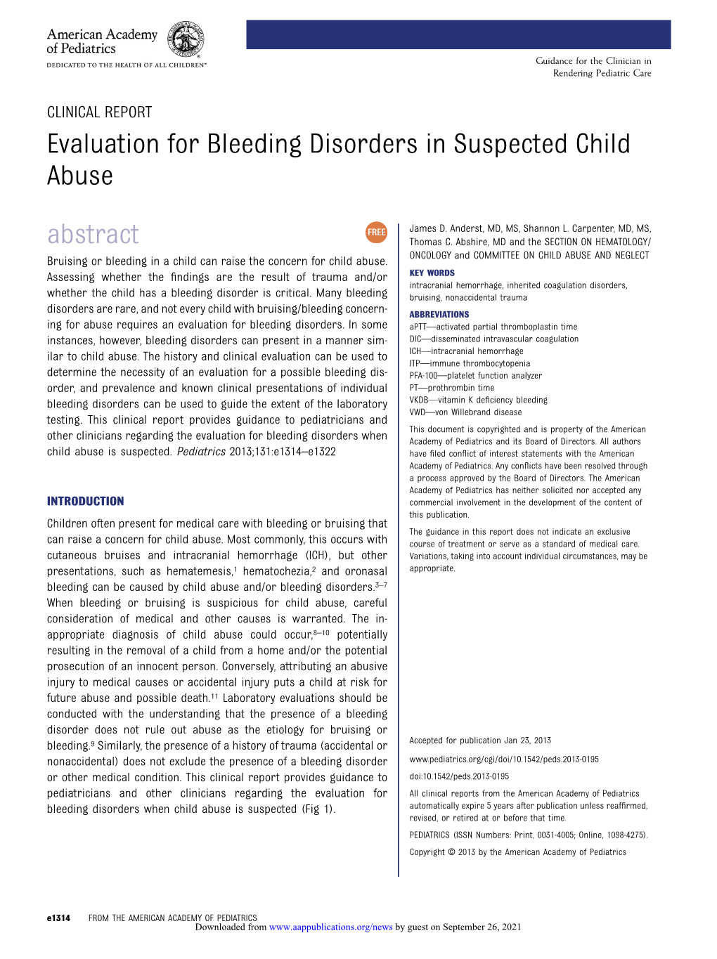 Evaluation for Bleeding Disorders in Suspected Child Abuse Abstract