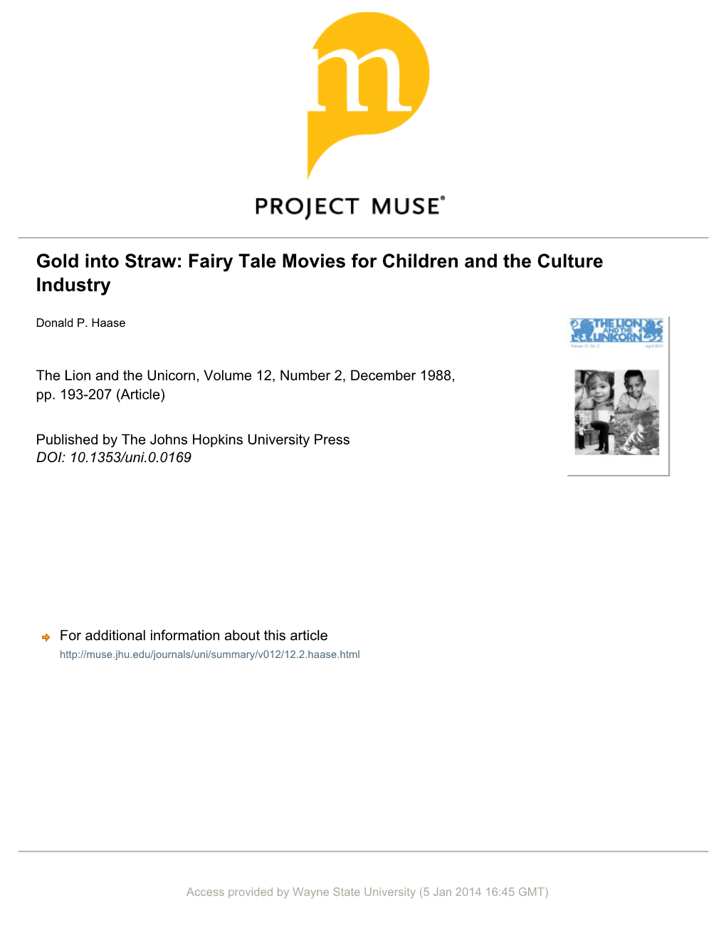 Gold Into Straw: Fairy Tale Movies for Children and the Culture Industry