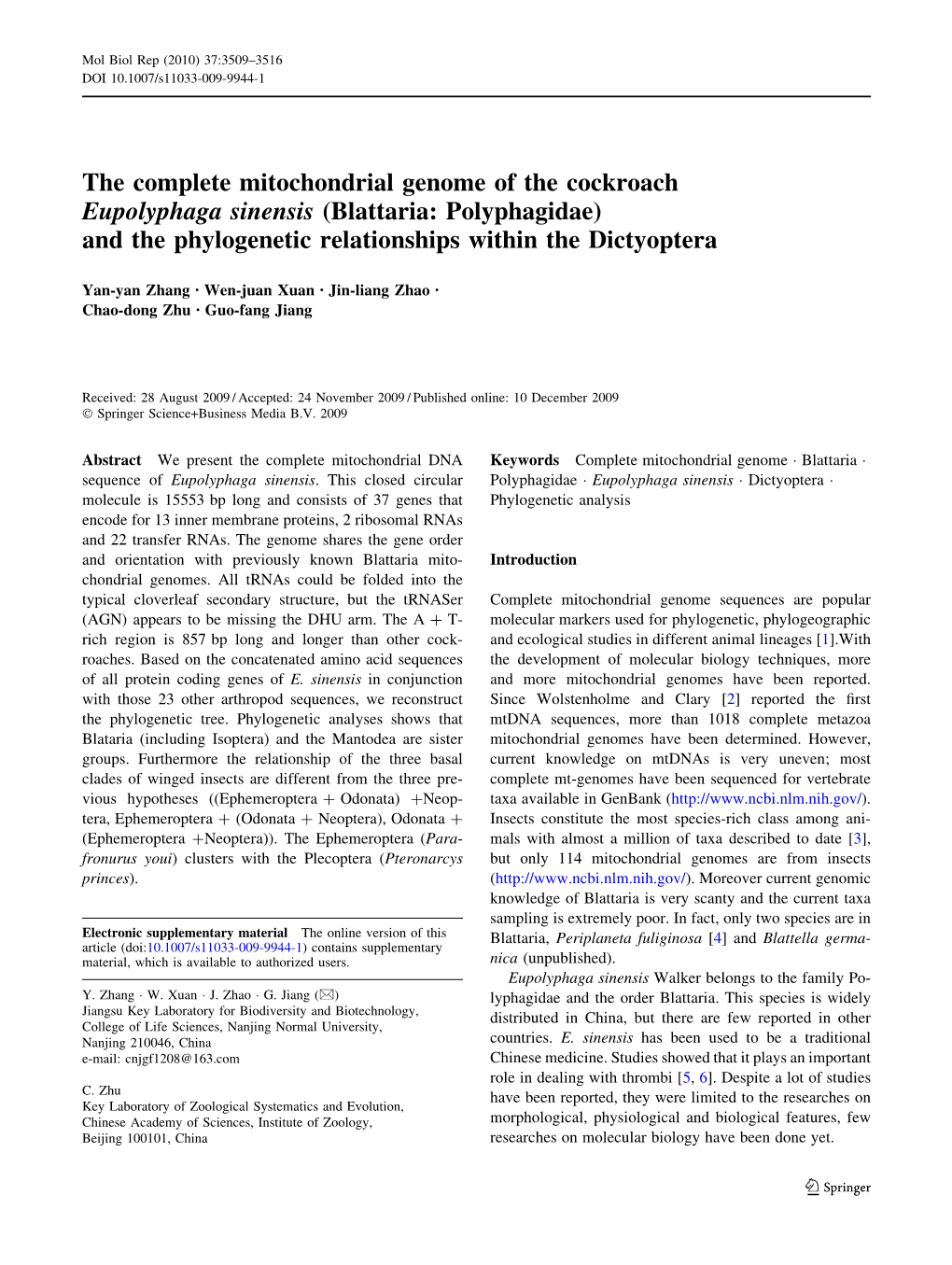 The Complete Mitochondrial Genome of the Cockroach Eupolyphaga Sinensis (Blattaria: Polyphagidae) and the Phylogenetic Relationships Within the Dictyoptera