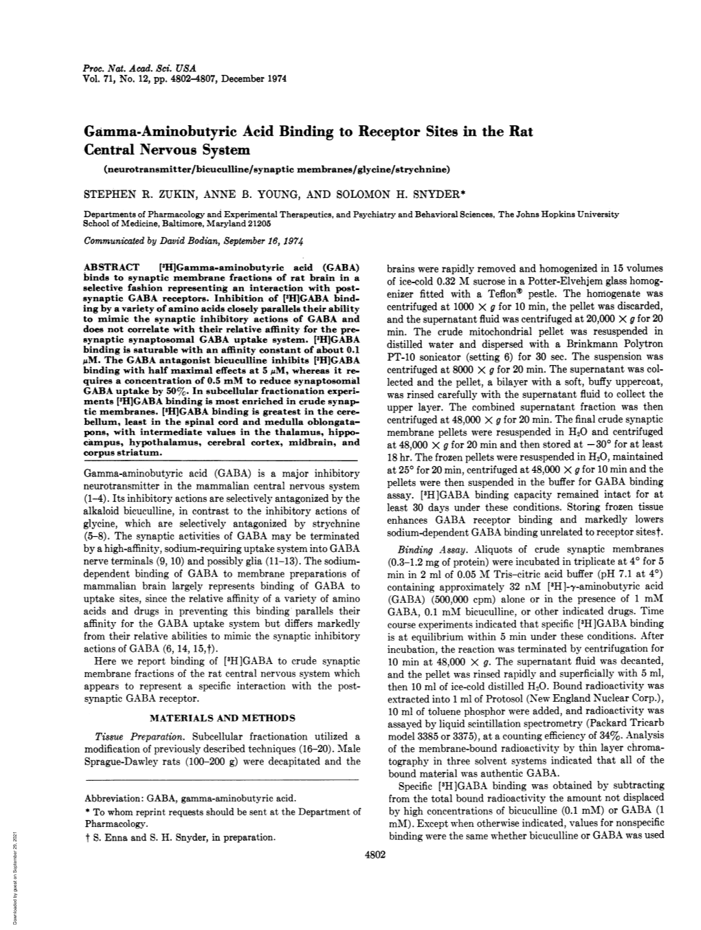 Gamma-Aminobutyric Acid Binding to Receptor Sites in the Rat Central Nervous System (Neurotransmitter/Bicuculline/Synaptic Membranes/Glycine/Strychnine) STEPHEN R