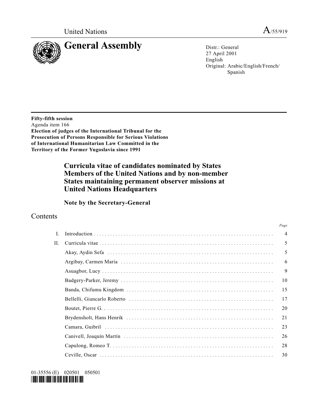 General Assembly Distr.: General 27 April 2001 English Original: Arabic/English/French/ Spanish