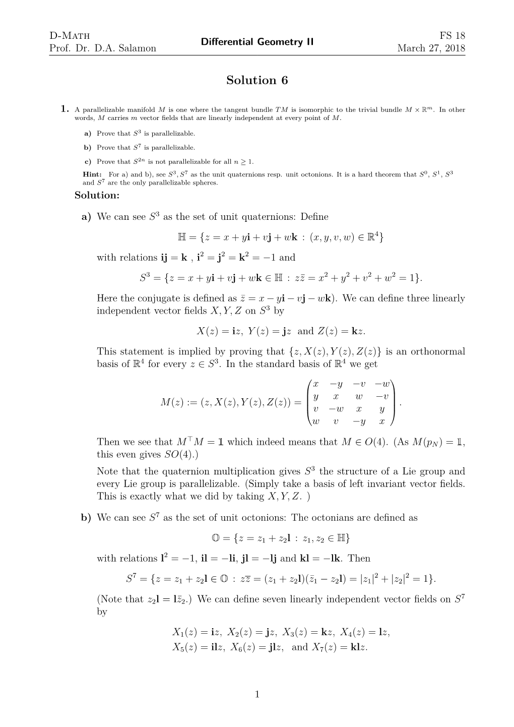 D-Math Prof. Dr. DA Salamon Differential Geometry II FS 18