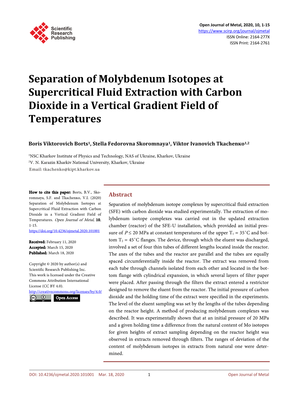 Separation of Molybdenum Isotopes at Supercritical Fluid Extraction with Carbon Dioxide in a Vertical Gradient Field of Temperatures