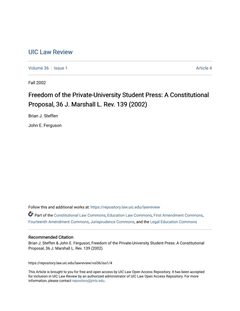Freedom of the Private-University Student Press: a Constitutional Proposal, 36 J