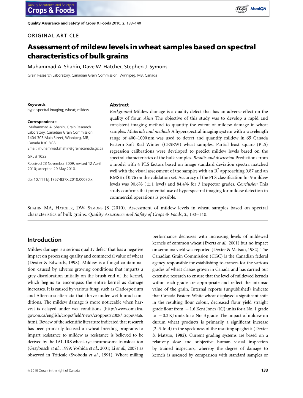 Assessment of Mildew Levels in Wheat Samples Based on Spectral Characteristics of Bulk Grains Muhammad A