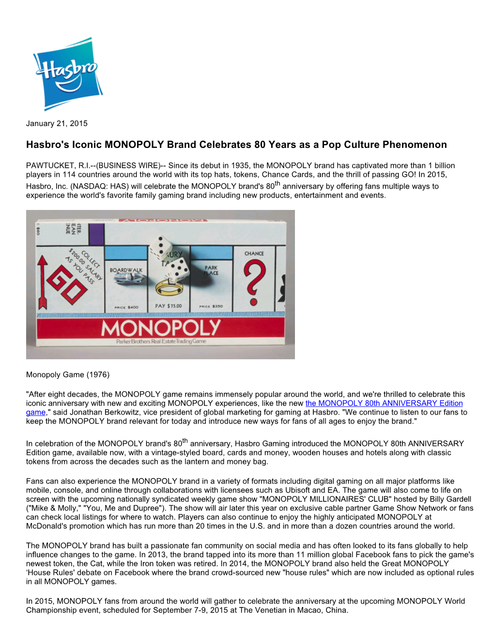 Iconic Monopoly Hasbro's Iconic MONOPOLY Brand Celebrates 80 Years As a Pop Culture ...