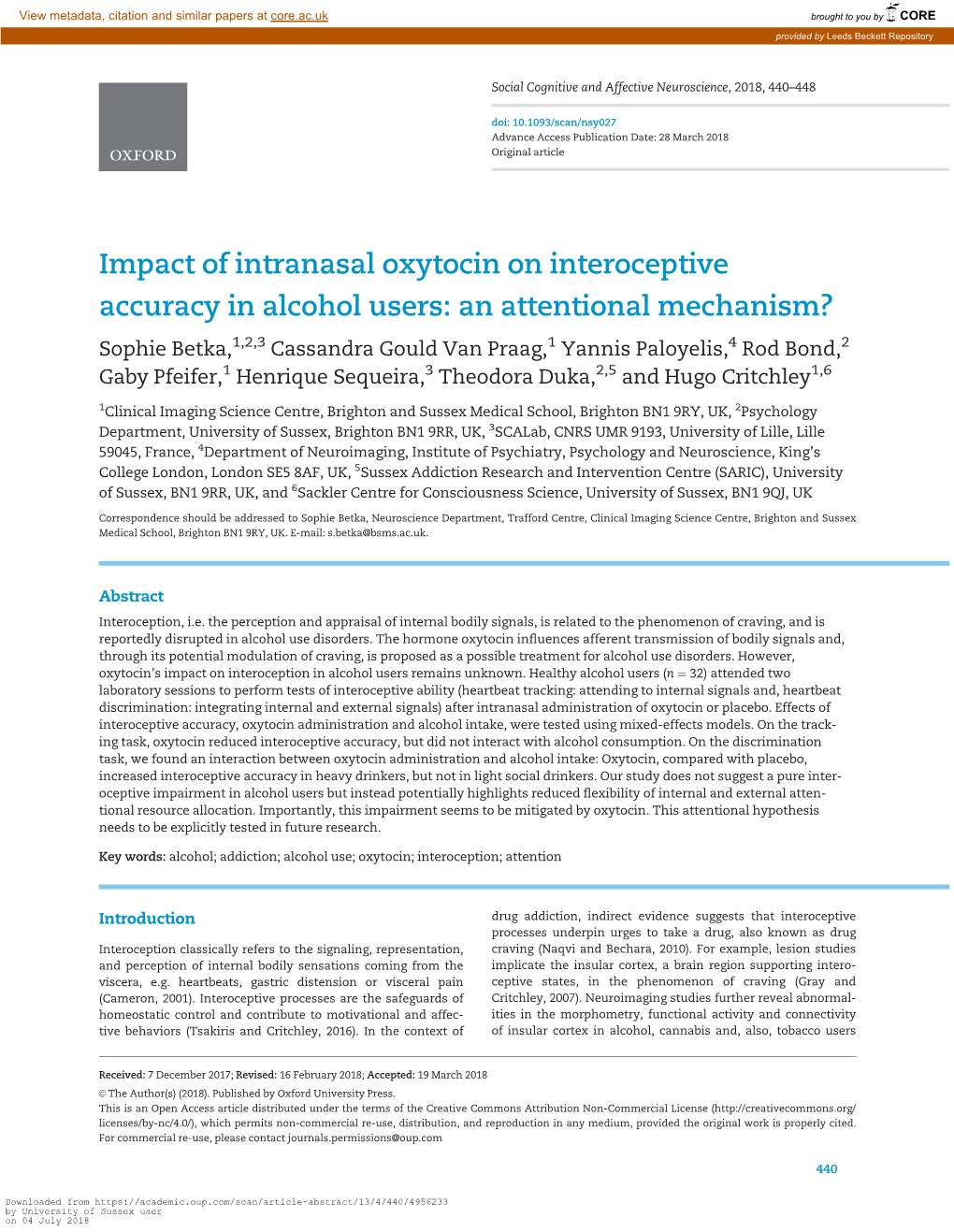 Impact of Intranasal Oxytocin on Interoceptive Accuracy in Alcohol Users