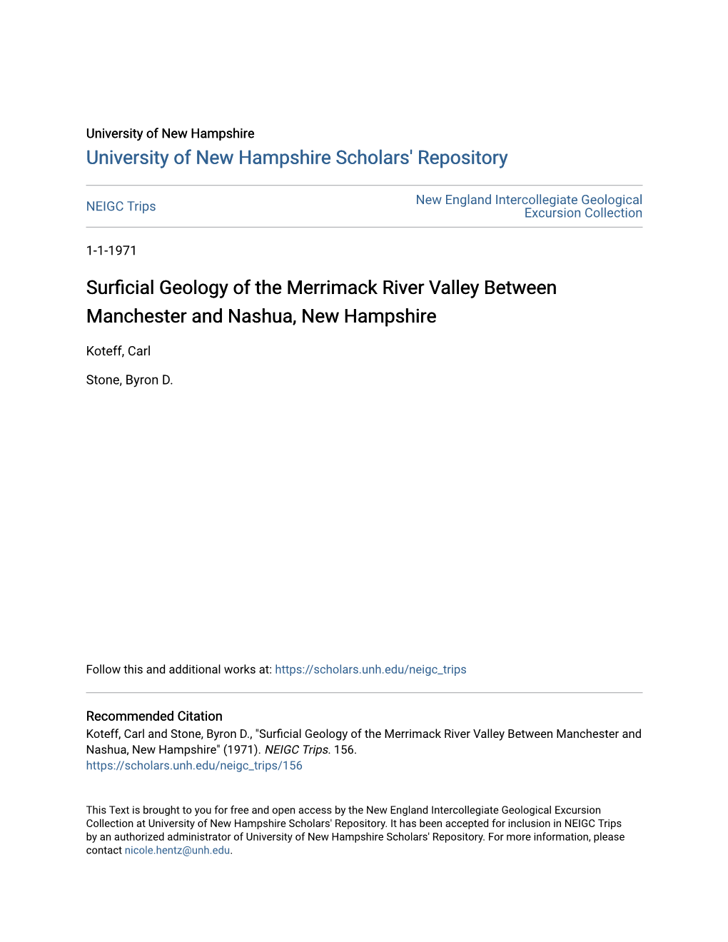 Surficial Geology of the Merrimack River Valley Between Manchester and Nashua, New Hampshire