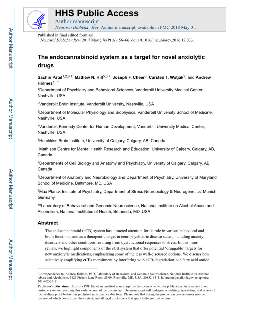 The Endocannabinoid System As a Target for Novel Anxiolytic Drugs