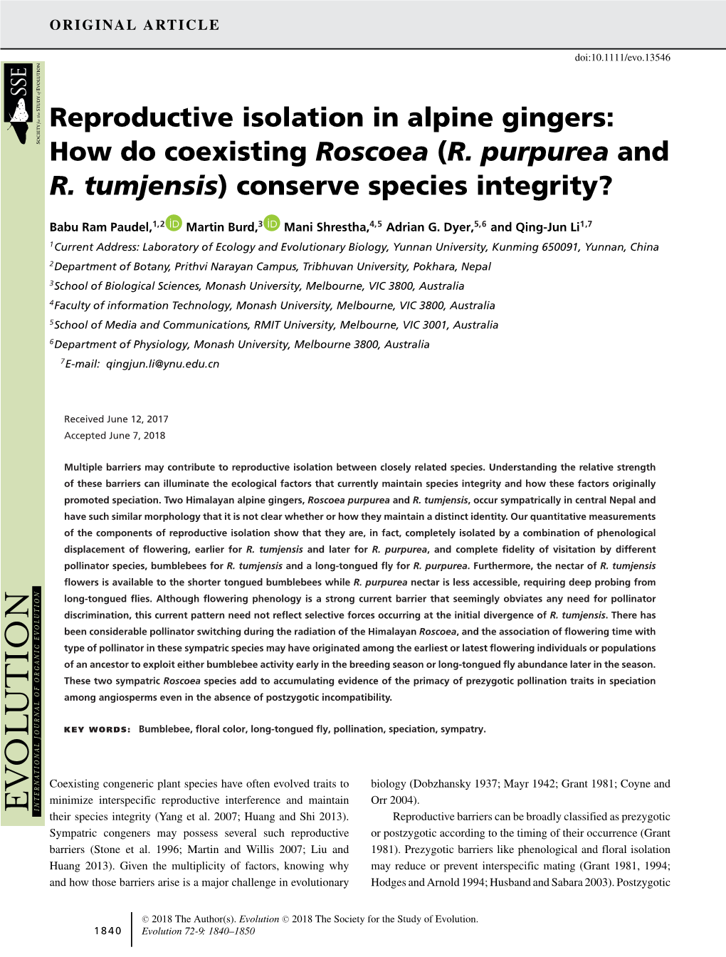 Reproductive Isolation in Alpine Gingers: How Do Coexisting Roscoea (R