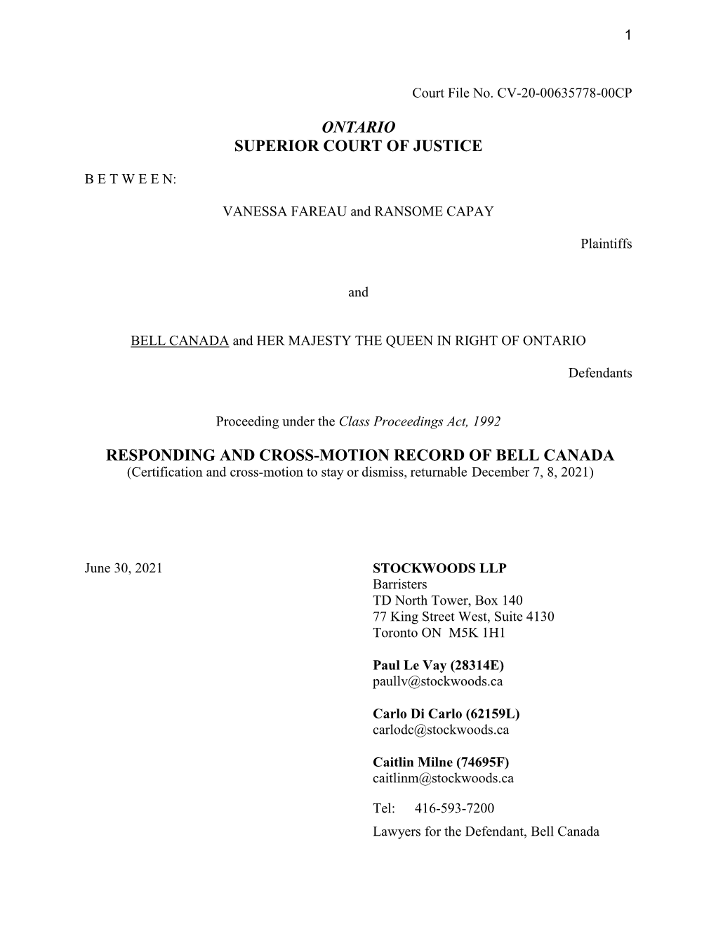 RESPONDING and CROSS-MOTION RECORD of BELL CANADA (Certification and Cross-Motion to Stay Or Dismiss, Returnable December 7, 8, 2021)