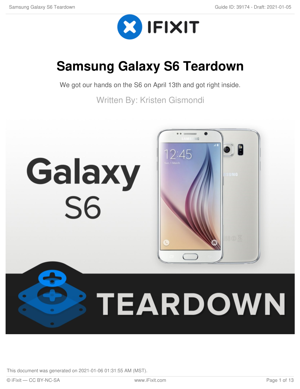 Samsung Galaxy S6 Teardown Guide ID: 39174 - Draft: 2021-01-05
