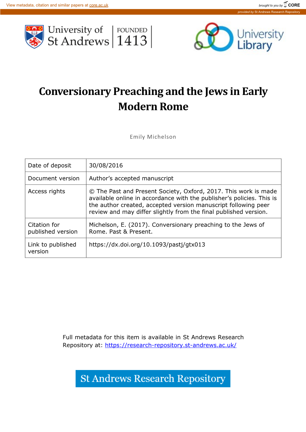 Conversionary Preaching and the Jews in Early Modern Rome