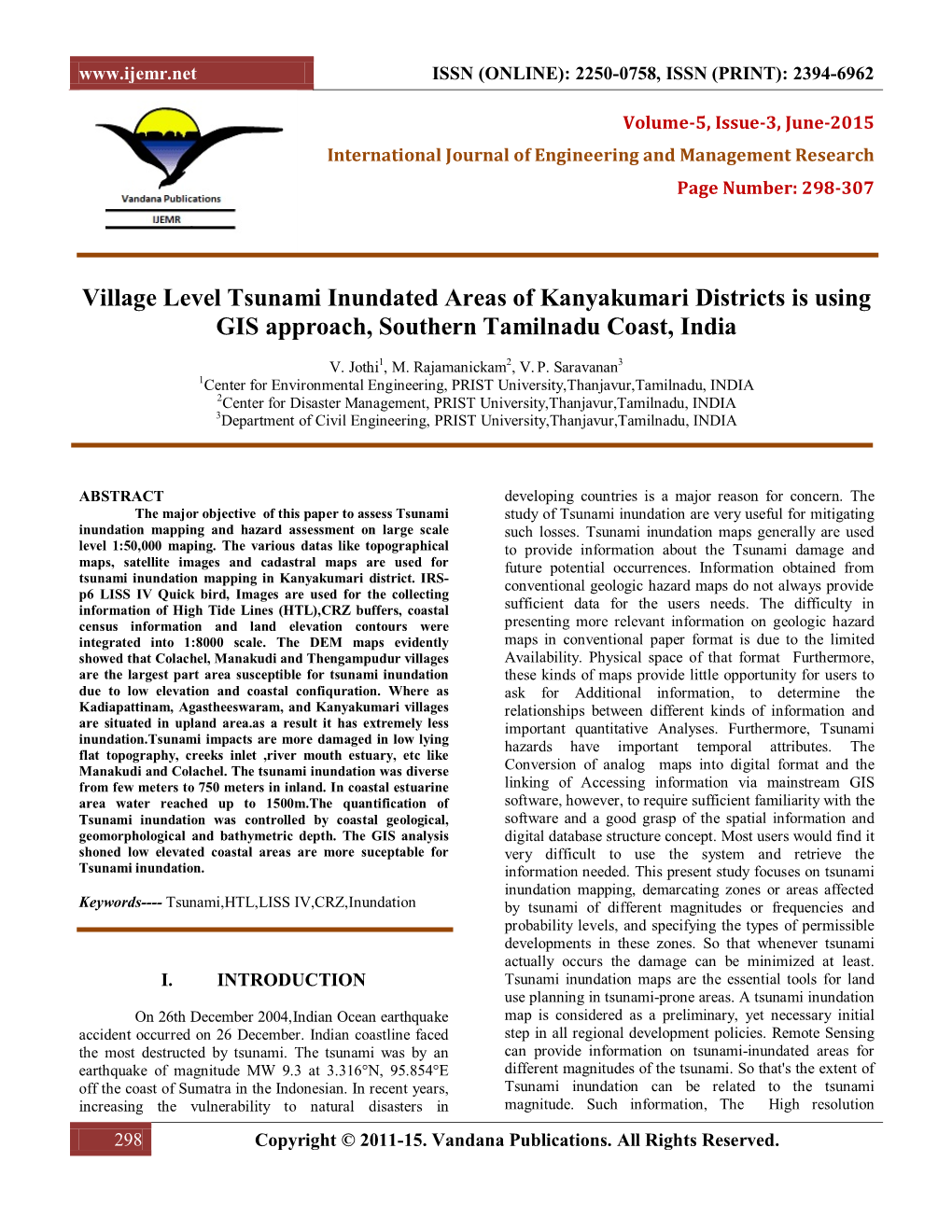 Village Level Tsunami Inundated Areas of Kanyakumari Districts Is Using GIS Approach, Southern Tamilnadu Coast, India