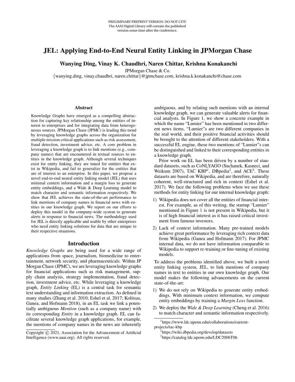 JEL: Applying End-To-End Neural Entity Linking in Jpmorgan Chase