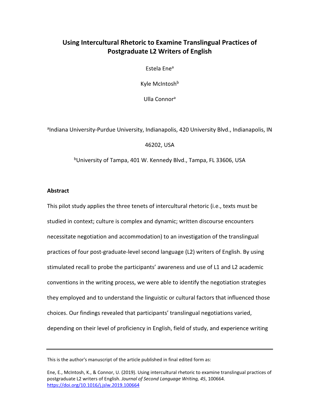 Using Intercultural Rhetoric to Examine Translingual Practices of Postgraduate L2 Writers of English