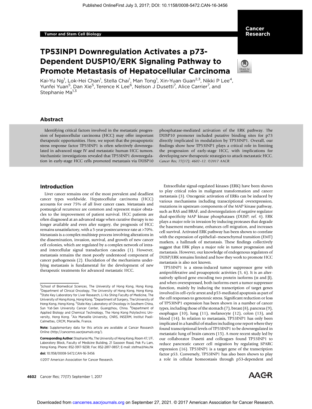 TP53INP1 Downregulation Activates a P73- Dependent DUSP10/ERK