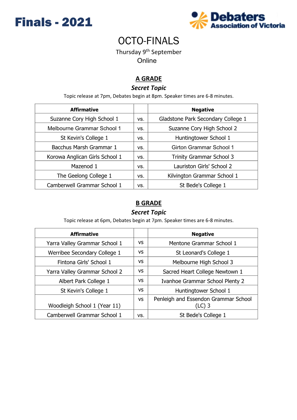 Finals - 2021 OCTO-FINALS Thursday 9Th September Online