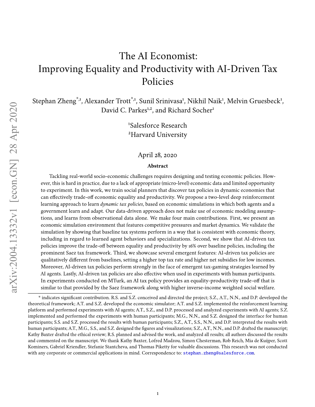 Improving Equality and Productivity with AI-Driven Tax Policies