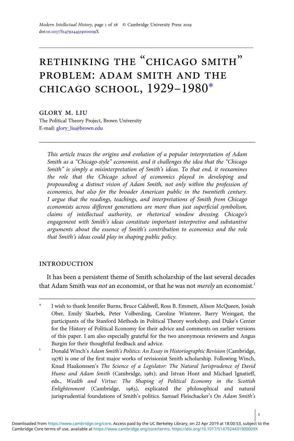 Rethinkin the “Chica O Smith” Pro Lem: Adam Smith and the Chica O School, 1929–1980*