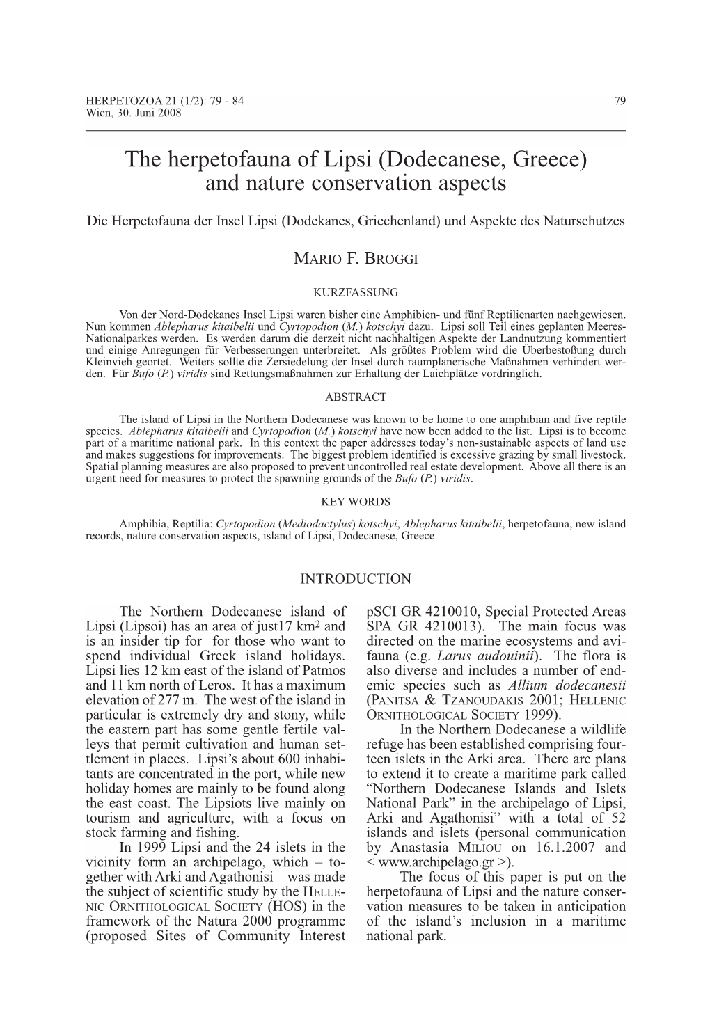 The Herpetofauna of Lipsi (Dodecanese, Greece) and Nature Conservation Aspects